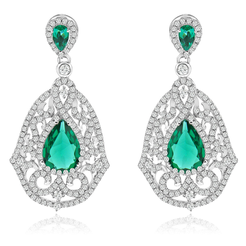Sterling Silver Rhodium Plated with Simulated Emerald and CZ Dangle Earrings