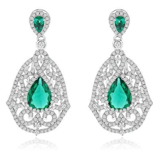 Sterling Silver Rhodium Plated with Simulated Emerald and CZ Dangle Earrings