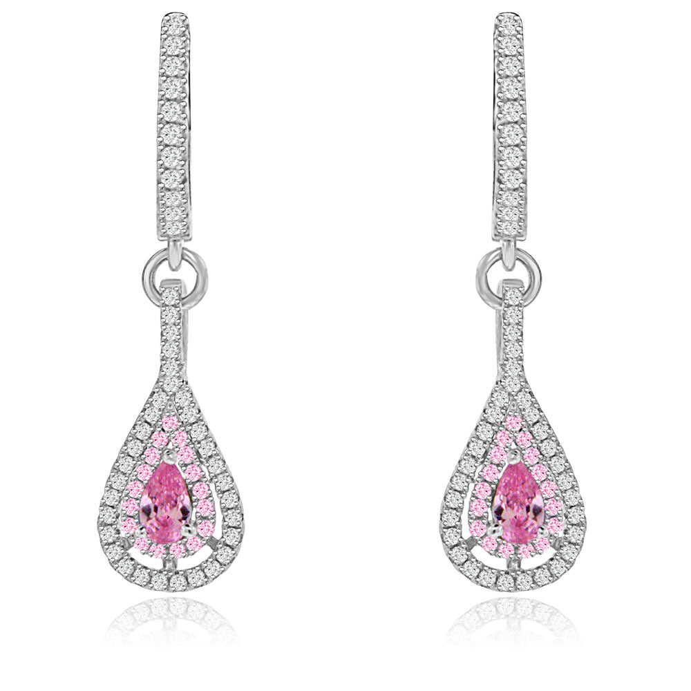 Sterling Silver Rhodium Plated with Simulated Gemstone with CZ Teardrop Dangle Earrings