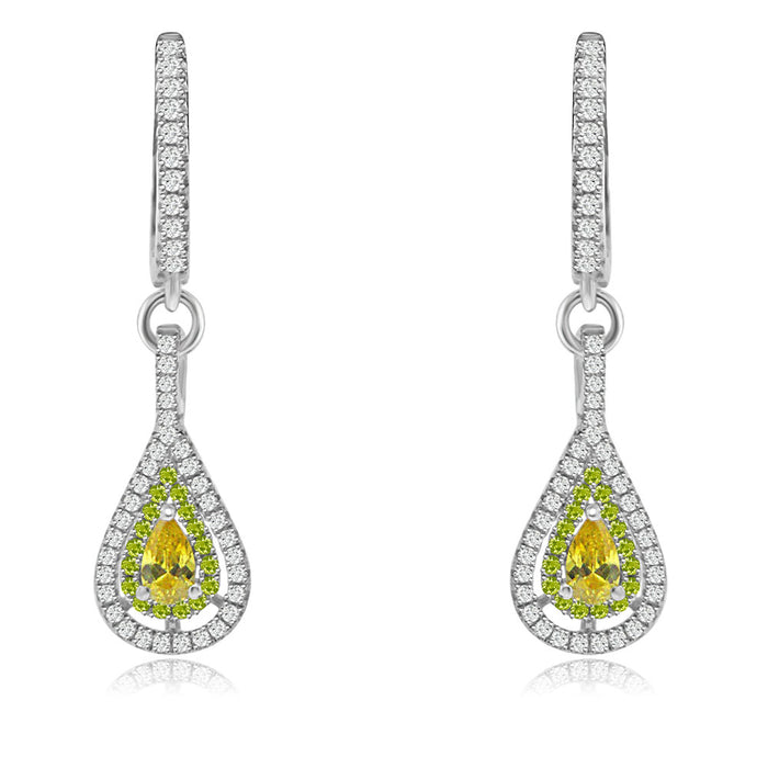 Sterling Silver Rhodium Plated with Simulated Gemstone with CZ Teardrop Dangle Earrings