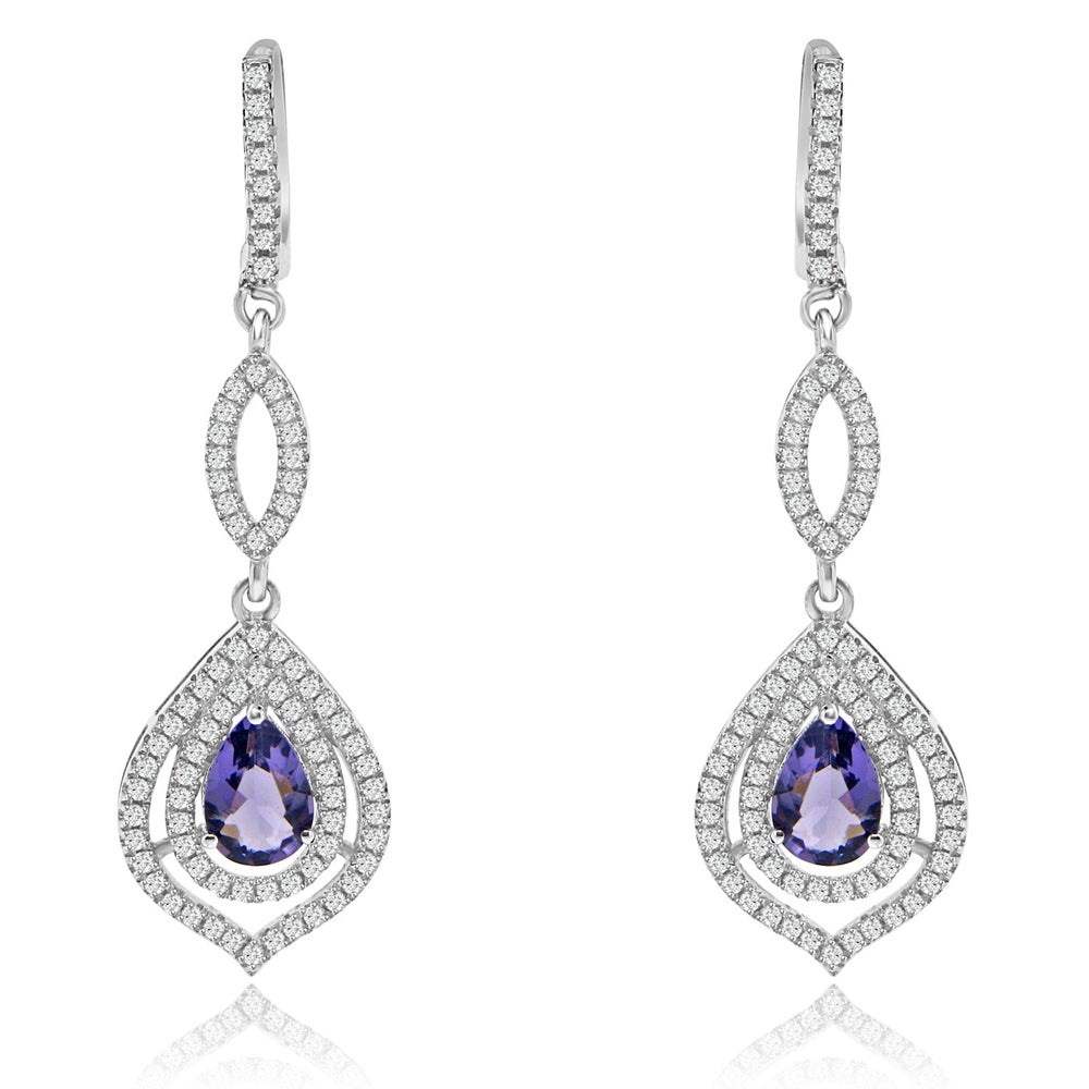 Sterling Silver Rhodium Plated with Simulated Gemstone and CZ Dangle Earrings