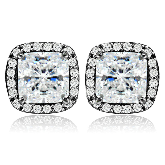 Sterling Silver Rhodium Plated and Cushion CZ Stud Earrings