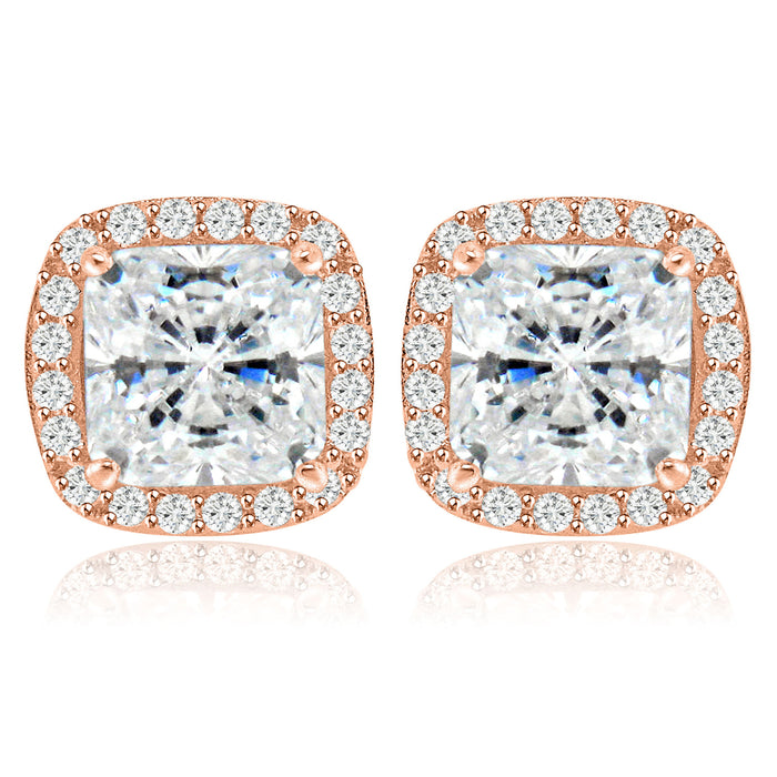 Sterling Silver Rhodium Plated and Cushion CZ Stud Earrings