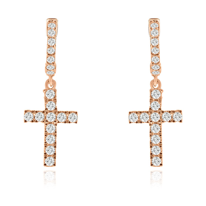 Sterling Silver Rhodium Plated and CZ Cross Dangle Earrings