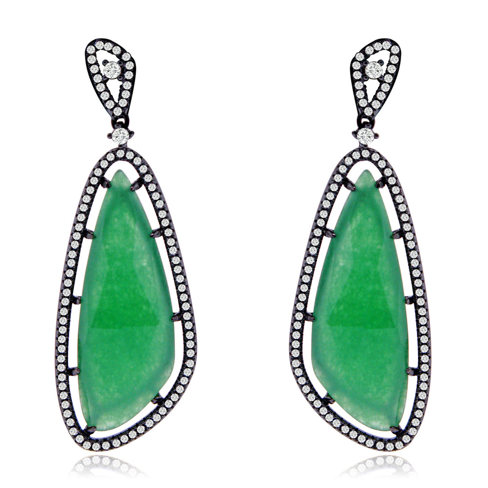 Sterling Silver Black Rhodium Plated with Created Emerald and CZ Chandelier Earrings