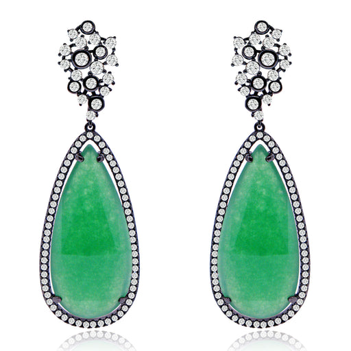 Sterling Silver Black Rhodium with Simulated Emerald and CZ Chandelier Earrings