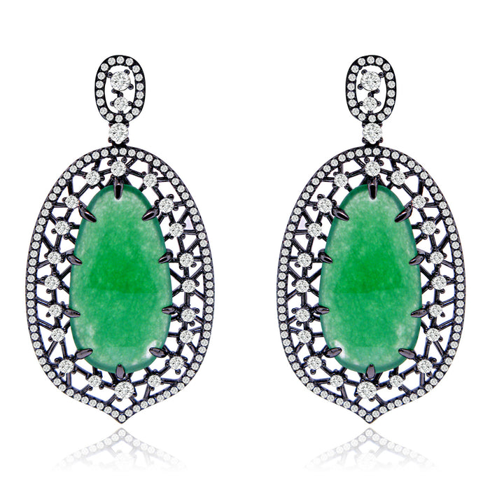 Sterling Silver Black Rhodium with Simulated Emerald and CZ Chandelier Earrings