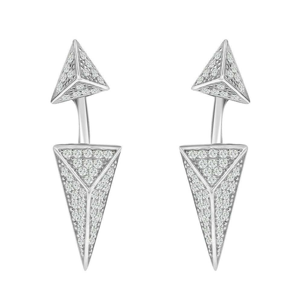Sterling Silver Rhodium Plated and CZ Long Diamond Shape Stud Earrings