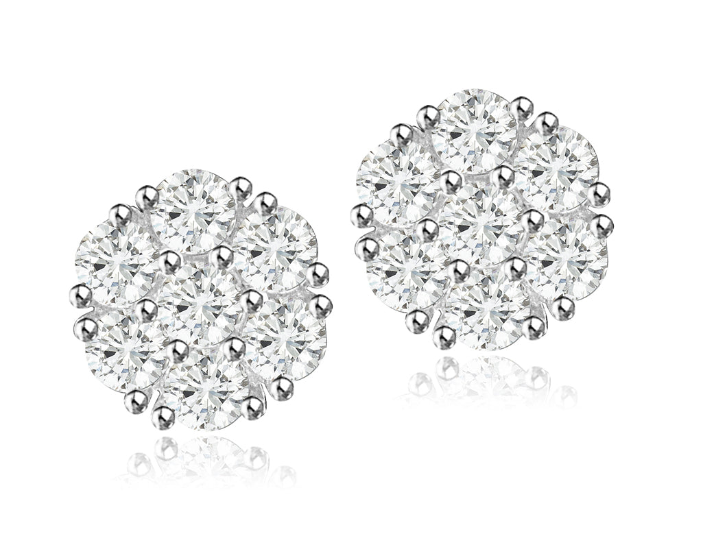 Sterling Silver Rhodium Plated and CZ Flower Stud Earrings