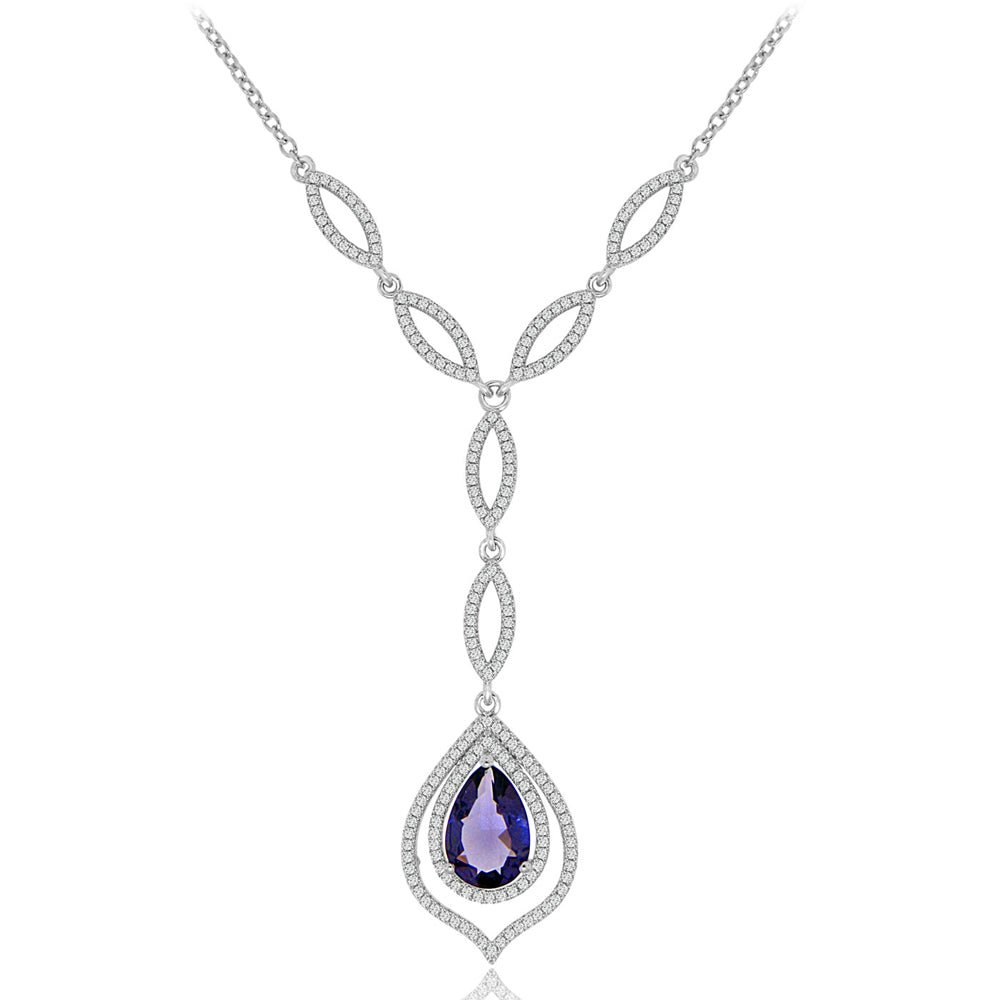 Sterling Silver Rhodium Plated with Simulated Gemstone and CZ Necklace