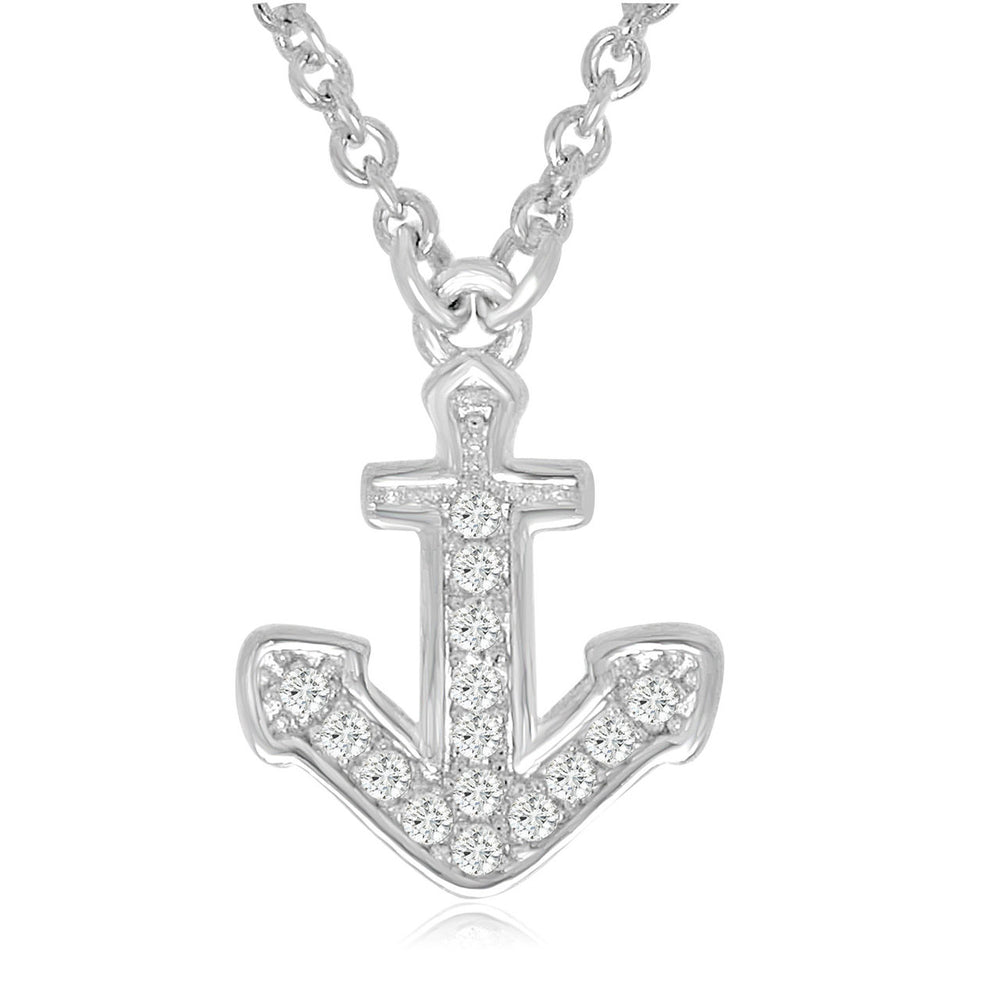 Sterling Silver Rhodium Plated and CZ dainty Anchor Necklace