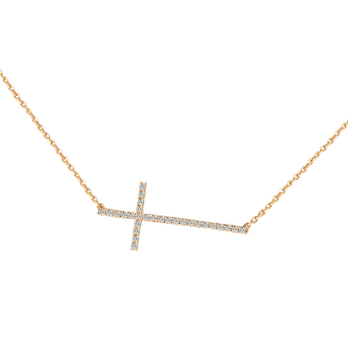 Sterling Silver Rhodium Plated and CZ dainty sideway cross necklace
