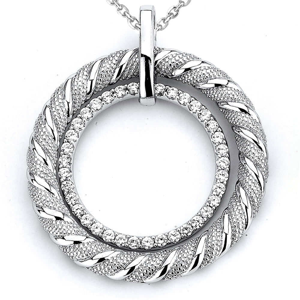 Sterling Silver Rhodium Plated and micro-pave CZ Circular Rope Pendant