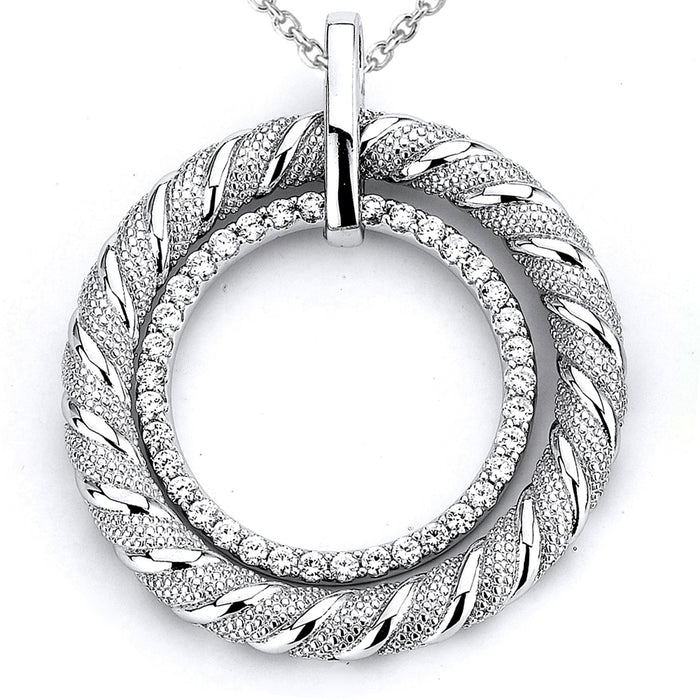Sterling Silver Rhodium Plated and micro-pave CZ Circular Rope Pendant