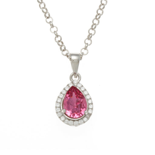 Sterling Silver Rhodium Plated and Simulated Pink Sapphire center stone with CZ Pendant