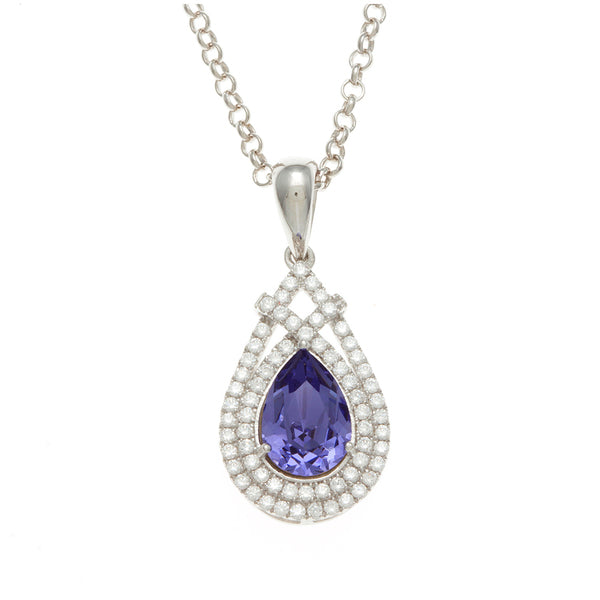 Sterling Silver Rhodium Plated and Simulated Tanzanite center stone with CZ Pendant