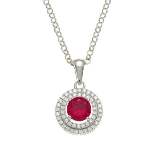 Sterling Silver Rhodium Plated and Simulated Ruby center stone with CZ Double Halo Pendant