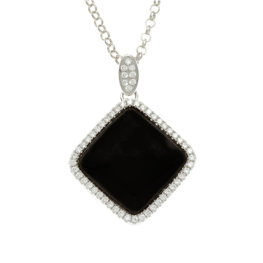Sterling Silver Rhodium Plated and Simulated Black Onyx Agate center stone with CZ Pendant