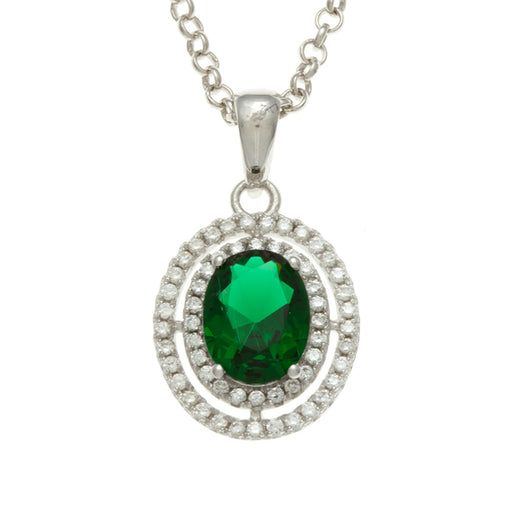 Sterling Silver Rhodium Plated and Simulated Emerald center stone with CZ Pendant