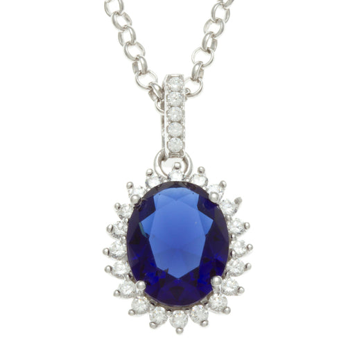 Sterling Silver Rhodium Plated and Simulated Sapphire center stone with CZ Pendant
