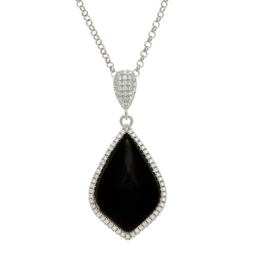 Sterling Silver Rhodium Plated and Simulated Black Onyx Agate center stone with CZ Pendant