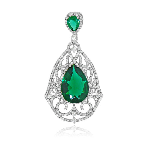 Sterling Silver Rhodium Plated and Simulated Emerald stone with CZ Pendant