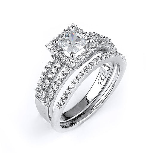Sterling Silver Rhodium Plated and Princess cut CZ center stone Triple Shank Halo Wedding Set