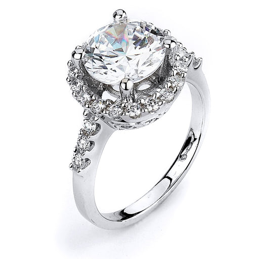 Sterling Silver Rhodium Plated and CZ center stone Halo Engagement Ring
