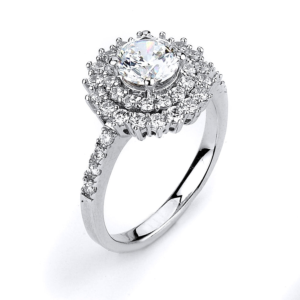 Sterling Silver Rhodium Plated and CZ Double Halo Engagement Ring