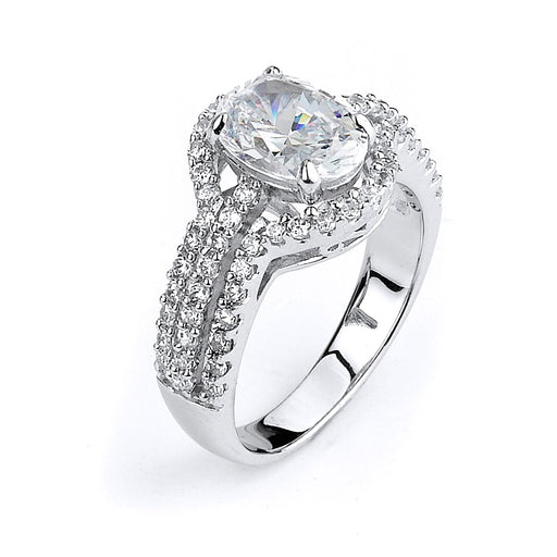 Sterling Silver and CZ Triple Shank Halo Engagement Ring