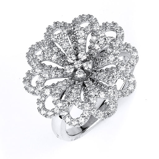 Sterling Silver Rhodium Plated and CZ Flower Ring