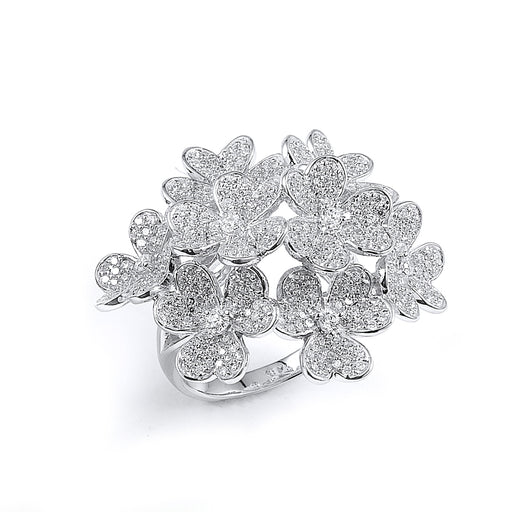 Sterling Silver Rhodium Plated and CZ Flowers Ring