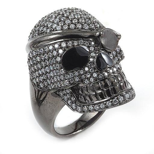 Sterling Silver Black Rhodium Plated and CZ Skull Ring