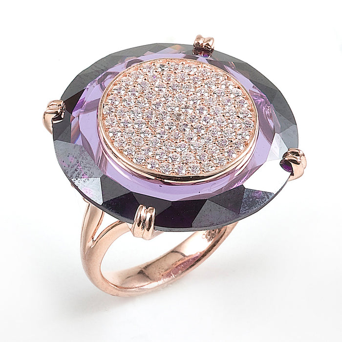 Sterling Silver Rhodium Plated and CZ Purple Disk Ring