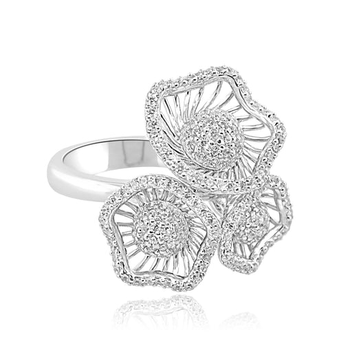 Sterling Silver Rhodium Plated and CZ Triple Flower Ring