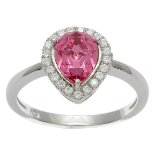 Sterling Silver Rhodium Plated and Simulated Pink Sapphire center stone and CZ Ring