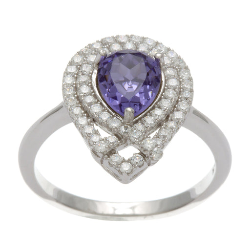 Sterling Silver Rhodium Plated and Simulated Tanzanite center stone with CZ Ring