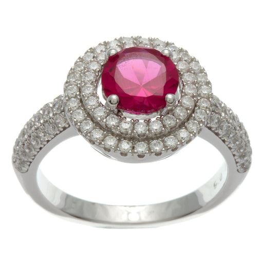 Sterling Silver Rhodium Plated and Simulated Ruby center stone with CZ Double Halo Ring