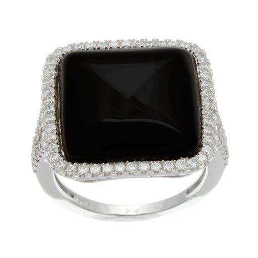 Sterling Silver Rhodium Plated and cushion cut Simulated Black Onyx Agate center stone with CZ Halo Split Shank Ring