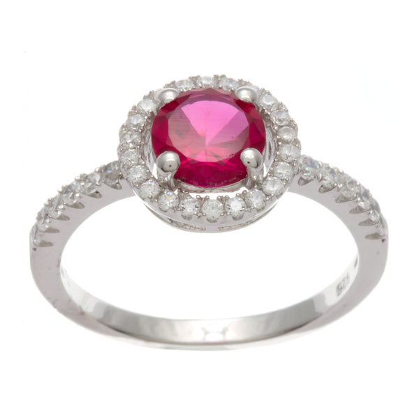 Sterling Silver Rhodium Plated and Simulated Ruby center stone with CZ Halo Ring