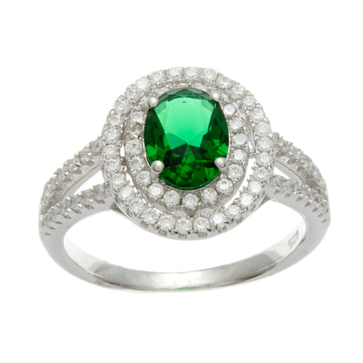 Sterling Silver Rhodium Plated and oval Simulated Emerald center stone with CZ double halo Ring