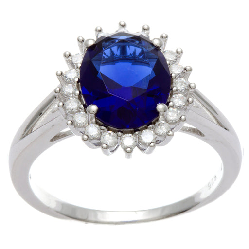 Sterling Silver Rhodium Plated and oval Simulated Sapphire center stone with CZ Halo Ring