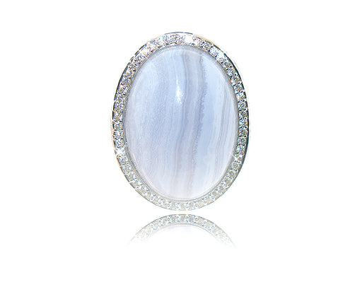 Sterling Silver Rhodium Plated and Simulated Blue Lace Agate center stone with CZ Halo Ring