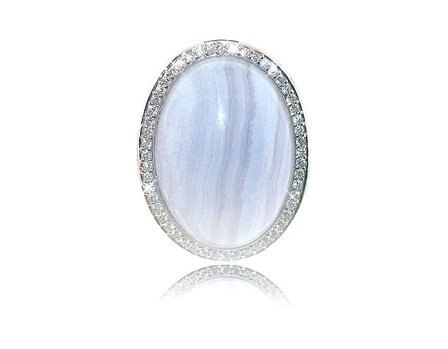 Sterling Silver Rhodium Plated and Simulated Blue Lace Agate center stone with CZ Halo Ring
