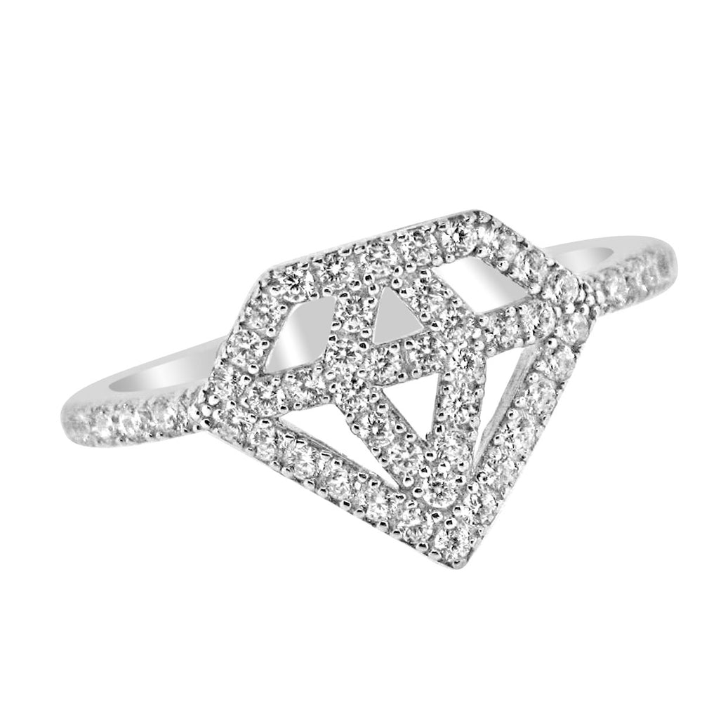 Sterling Silver Rhodium Plated and CZ Diamond Shape Ring