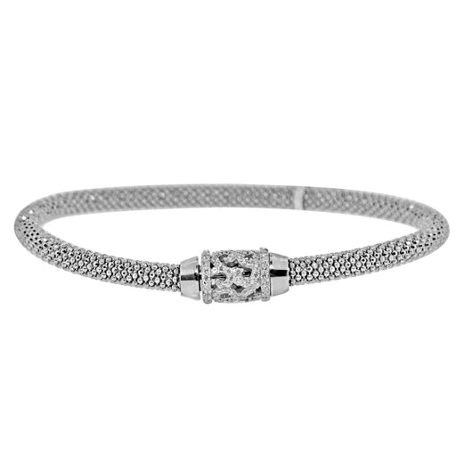 Sterling Silver Rhodium Plated and CZ Magnetic Clasp Italian Mesh Bangle