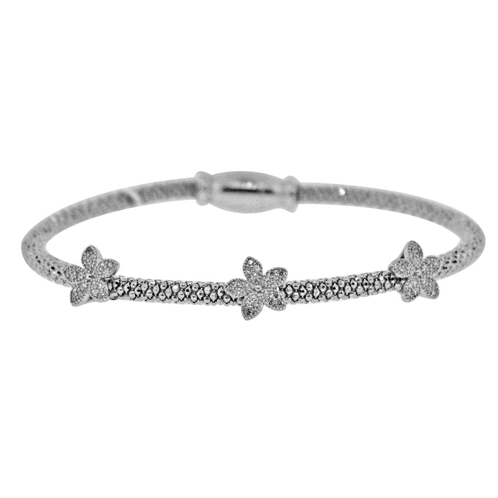 Sterling Silver Rhodium Plated with 3 station of flower CZ Mesh Italian Bangle