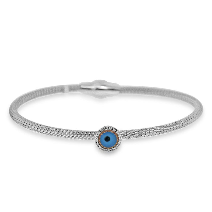 Sterling Silver Rhodium Plated Blue Enameled Evil Eye with CZ Bangle