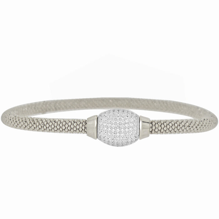 Sterling Silver Rhodium Plated Italian Mesh Bangle with CZ Barell