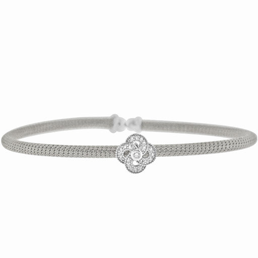Sterling Silver Rhodium Plated with CZ Flower Slip On Bangle